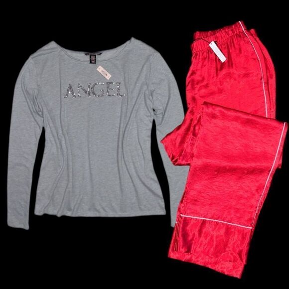 Victorias Secret Silky Satin thick pants & soft bling Angel top pajama set red L - Picture 12 of 13